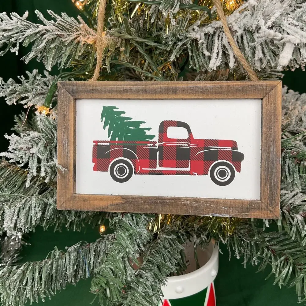 Framed Buffalo Plaid Red Truck Christmas Sign Ornament | Rustic Wooden Holiday
